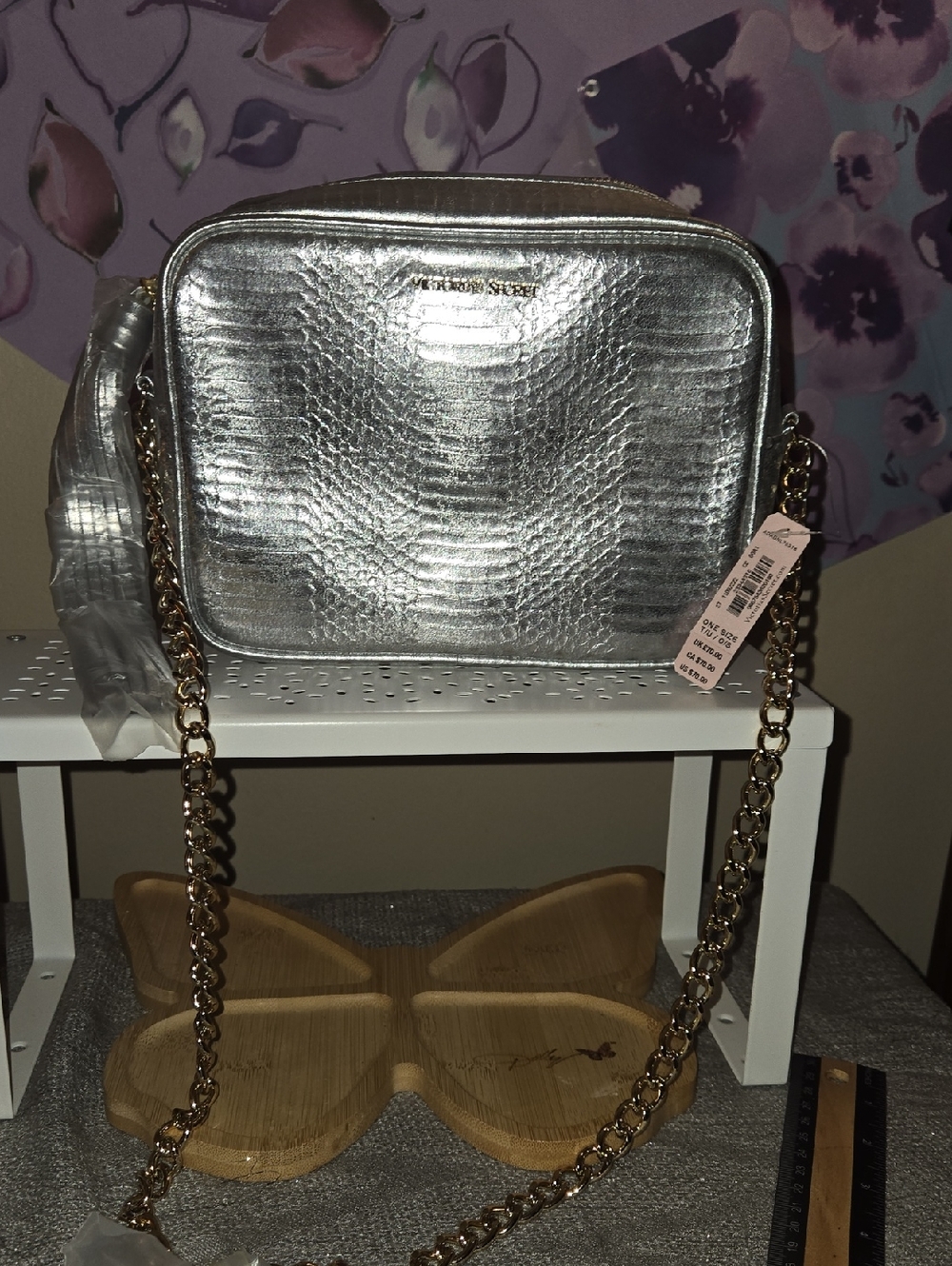 Victoria's Secret Metallic Silver Crossbody with Gold Chain